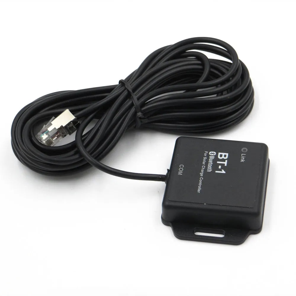 Solar panel charge controller with Bluetooth module for 12V and 24V battery systems.