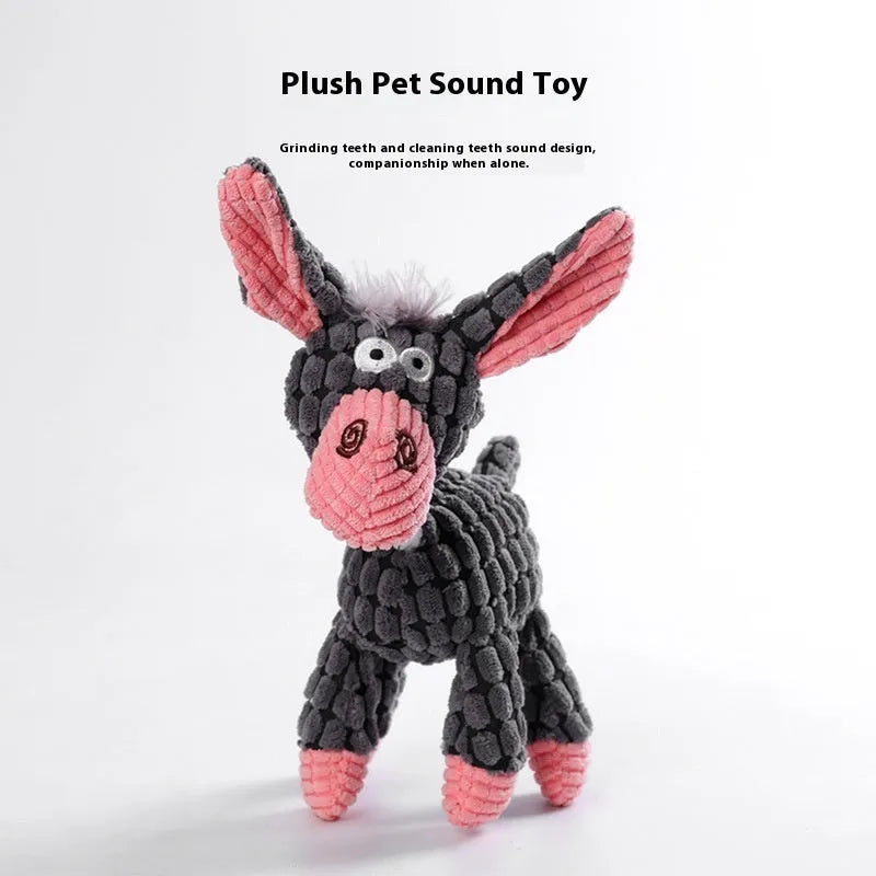 Assortment of bite-resistant plush pet toys including donkey, duck, elephant, and dog styles for puppy chewing.