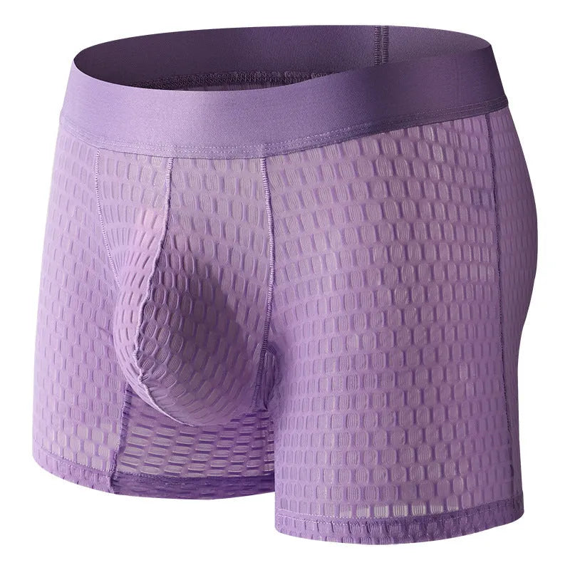 Men's low waist lace mesh boxer shorts in various colours on a white background.