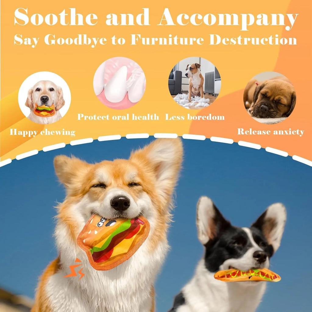 Set of four food-shaped dog toys: hamburger, fries, hot dog, and pizza, with vivid colours.