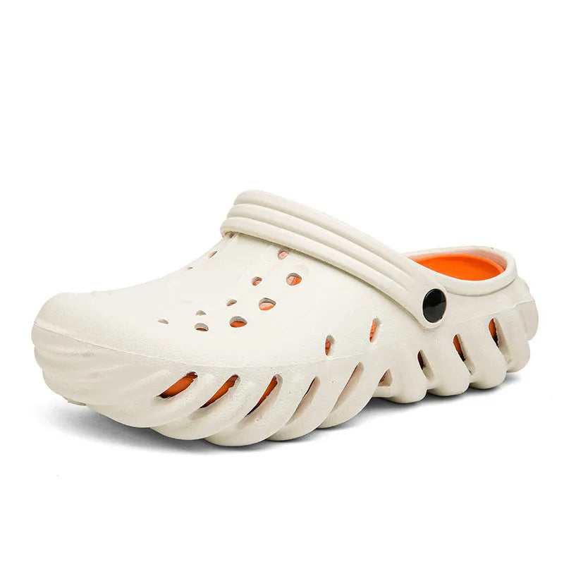 Men's beige EVA slipper sandals with hole design and non-slip outdoor soles