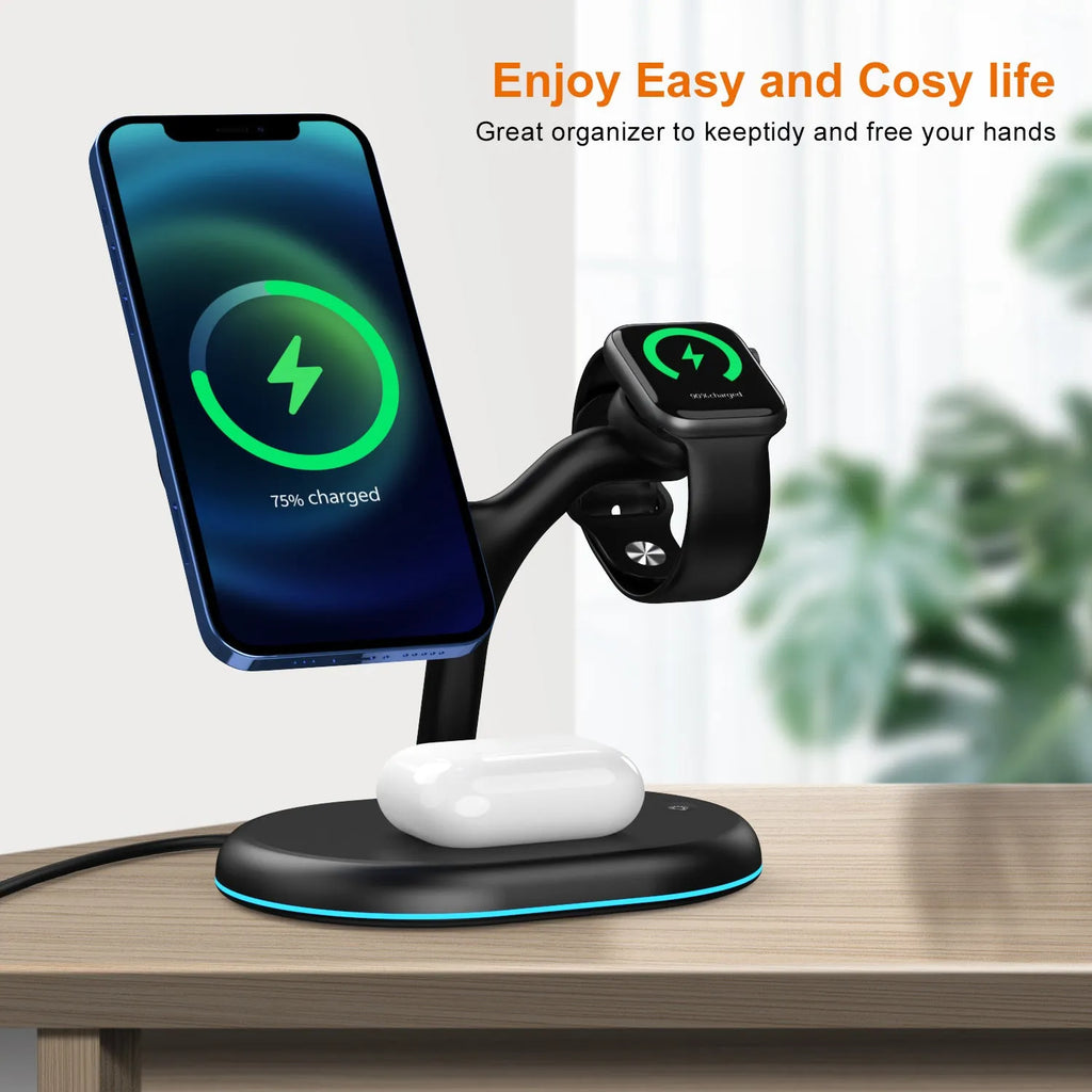 Black magnetic wireless charger with minimalist design showing three-in-one charging functionality