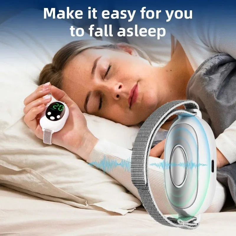 White sleep aid device with handheld remote control and adjustable intensity settings for insomnia management
