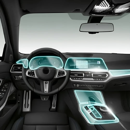 Transparent TPU protective film for BMW 3 Series dashboard and centre console, 2014-2020 models.