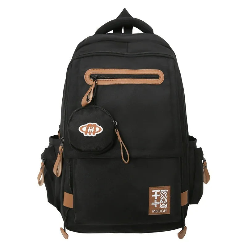 Large-capacity black nylon school backpack for junior high students with curved shoulder straps