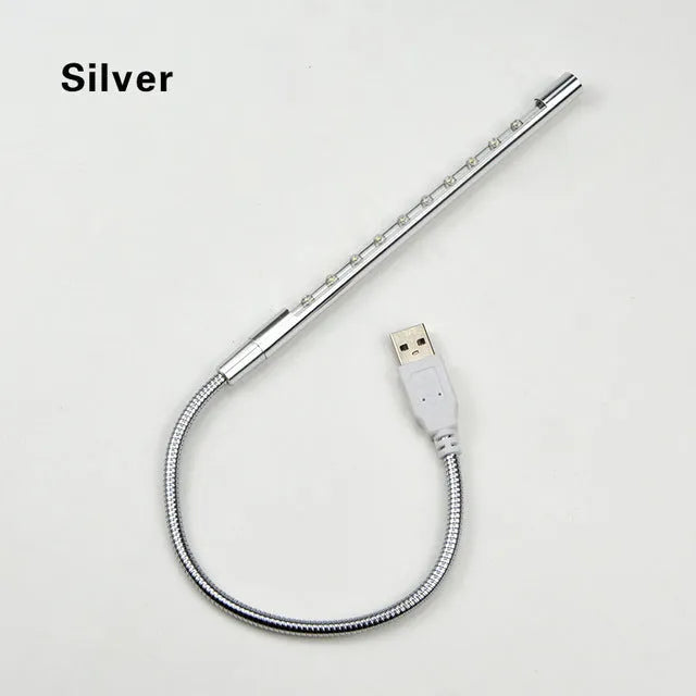 Aluminium alloy USB spiral LED night light with flexible 420mm neck in metallic colours