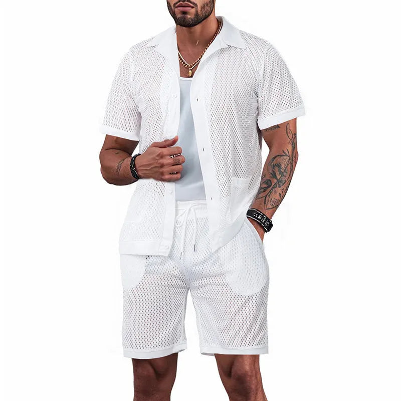 Women's thin polyester beach shorts suit with a see-through cardigan and matching shorts in lake blue.