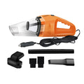 Orange, black, and blue 12V portable handheld car vacuum cleaner with power cord.