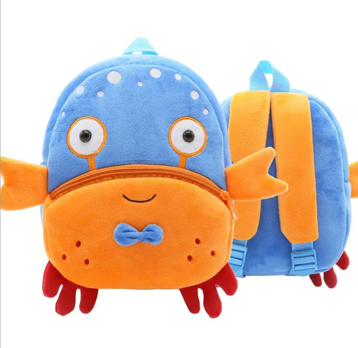 Soft plush children's backpack with cartoon animal design, showing zippered main compartment.