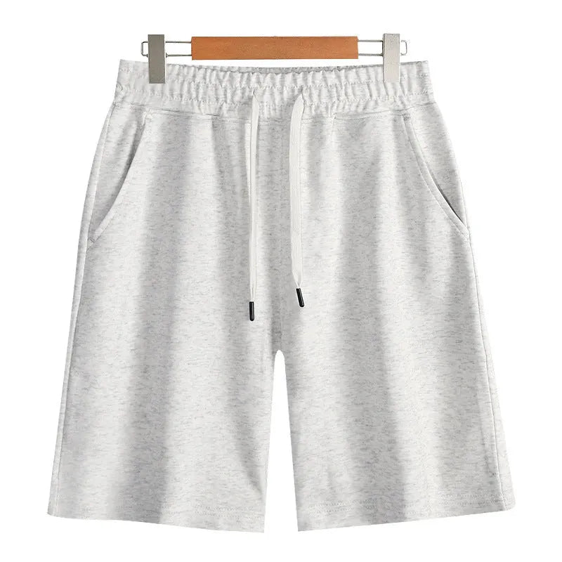 Men's straight-leg cotton summer shorts in light grey, showing fifth length and casual fit.
