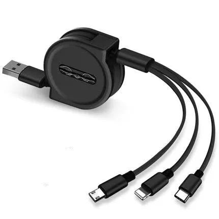 3 in 1 telescopic charging cable extended to 120 cm length with multiple connector options