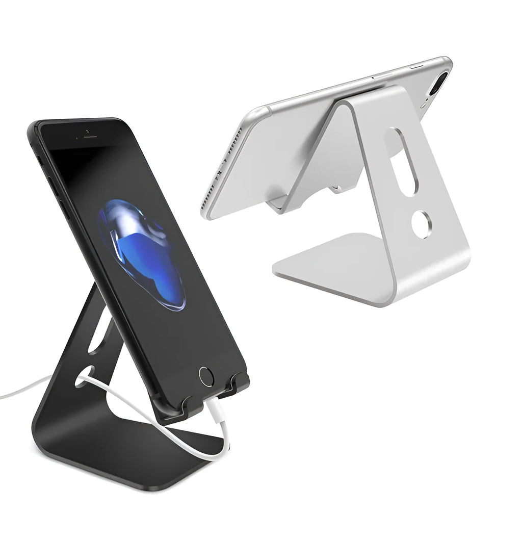 Aluminium universal phone holder in silver colour showing 360-degree rotation feature with tablet mounted