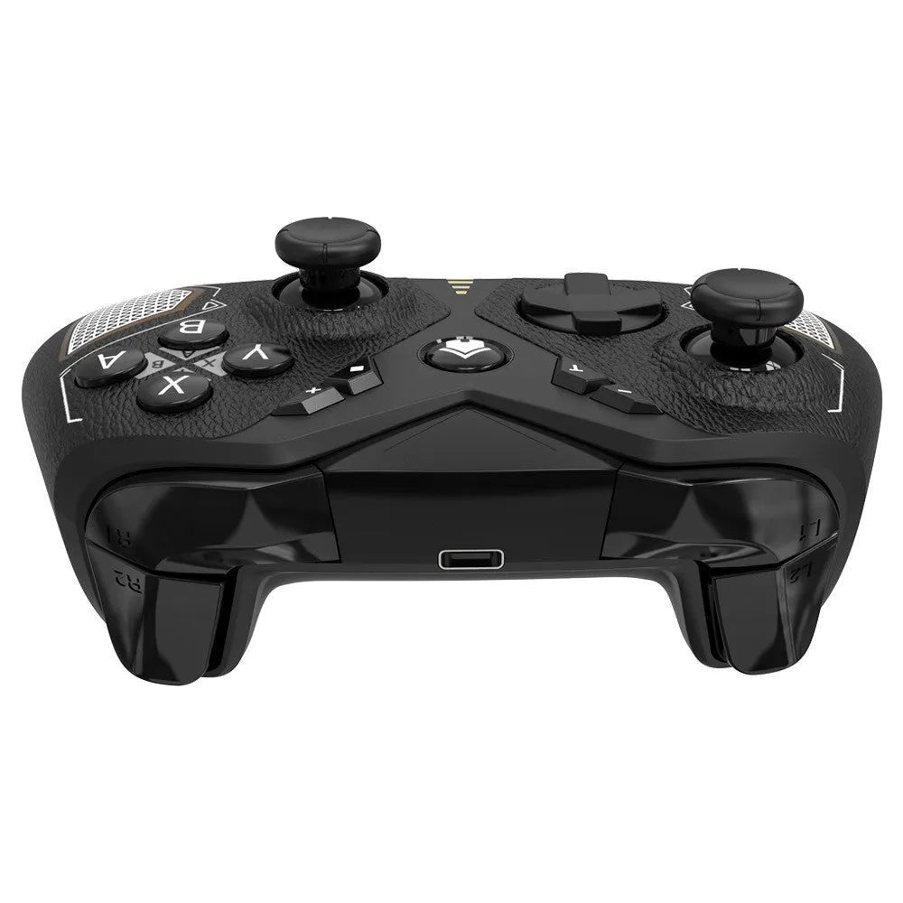 Black wireless game controller with leather pattern grip for Nintendo computer and mobile phone gaming