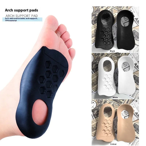 A pair of white arch support insoles for varus correction, showing the contoured shape.