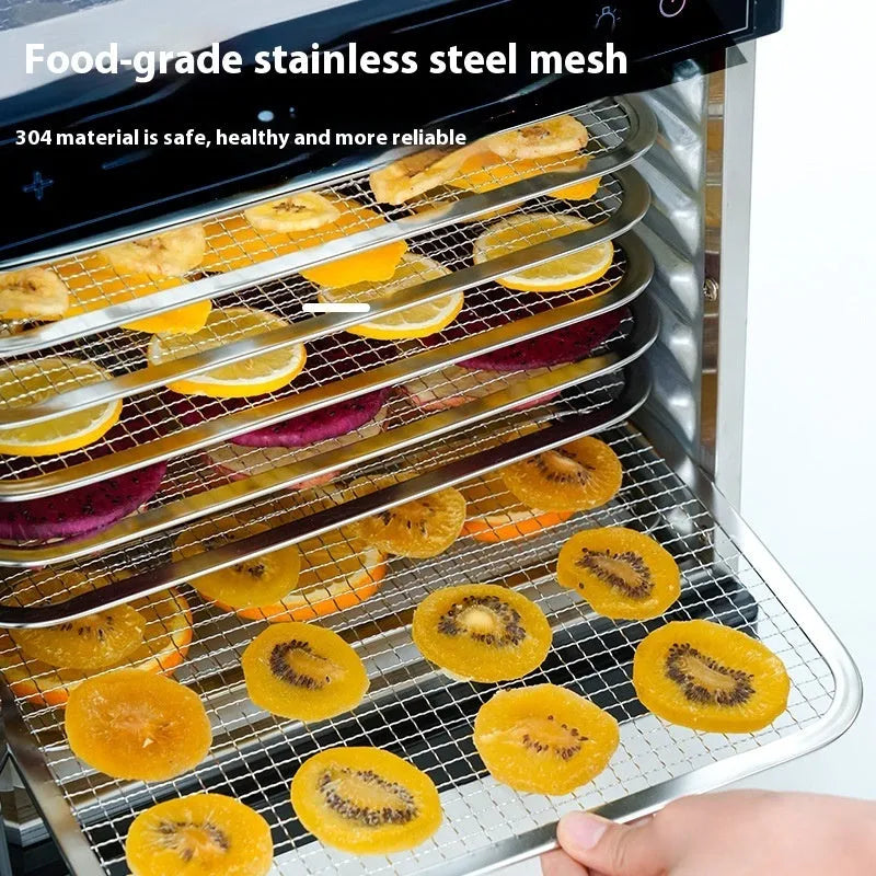 Stainless steel fruit dehydrator with LED control panel showing temperature settings and multiple drying trays