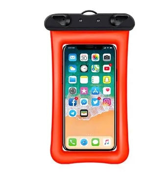 Orange waterproof phone pouch with double airbag design and a black lanyard.