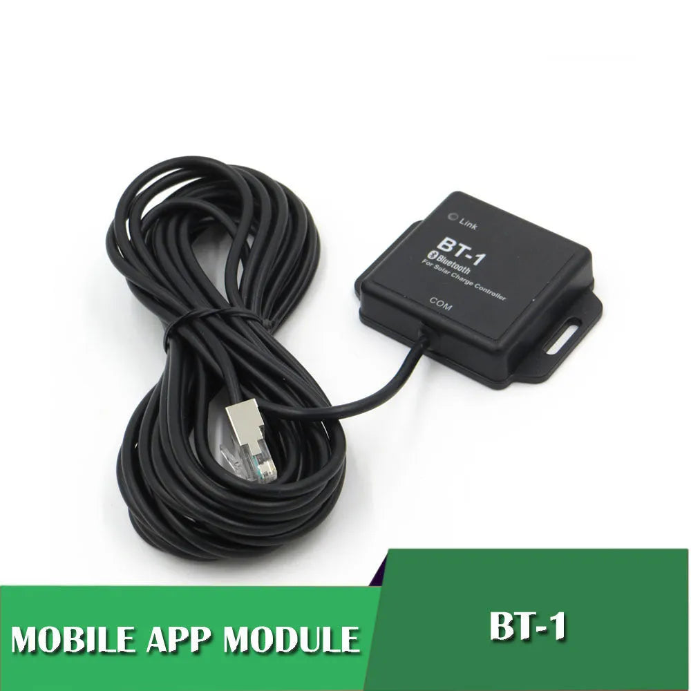 Solar panel charge controller with Bluetooth module for 12V and 24V battery systems.