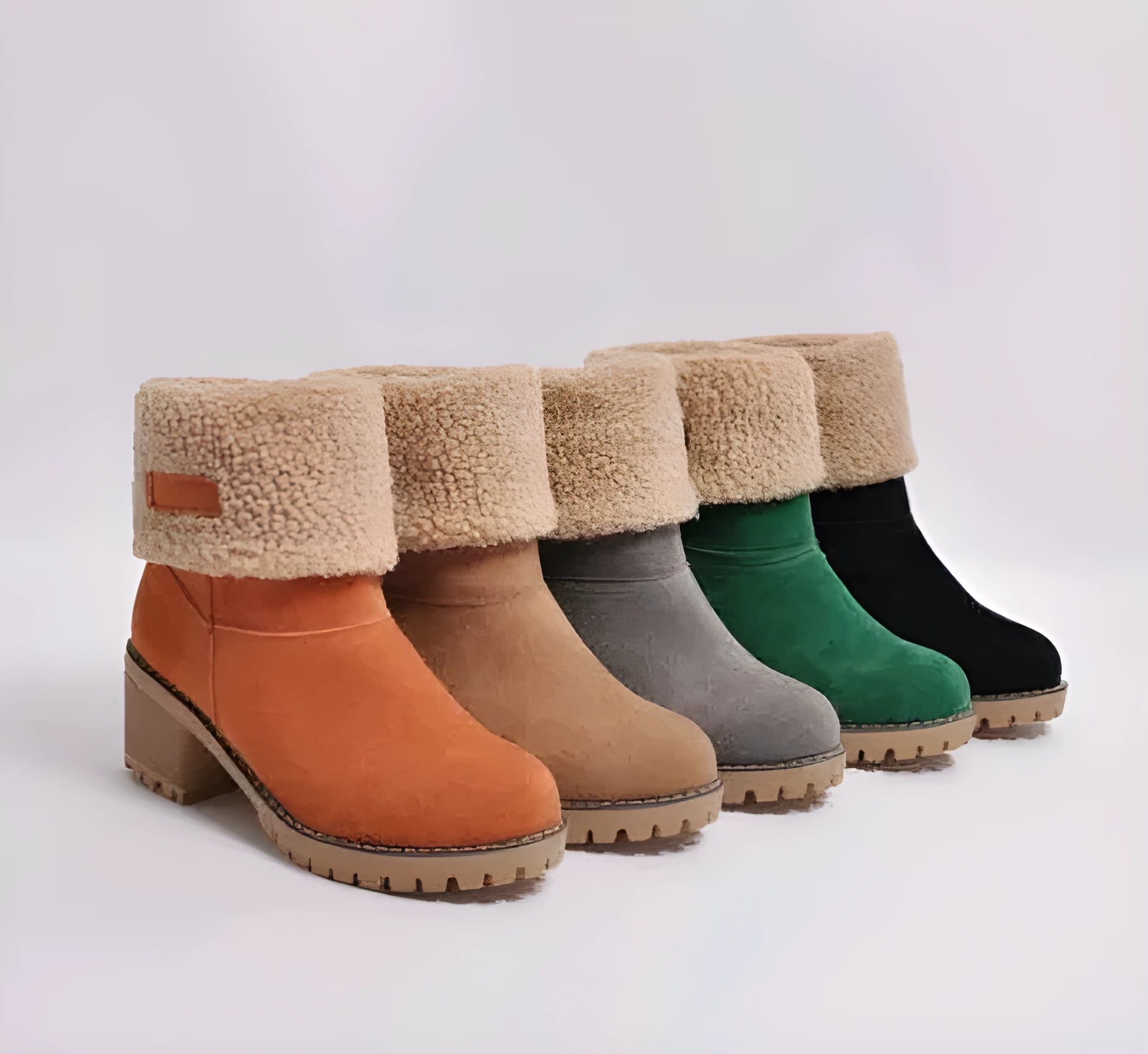 Mid-tube thick heel suede snow boots with round head and flat heel in black gray green khaki orange
