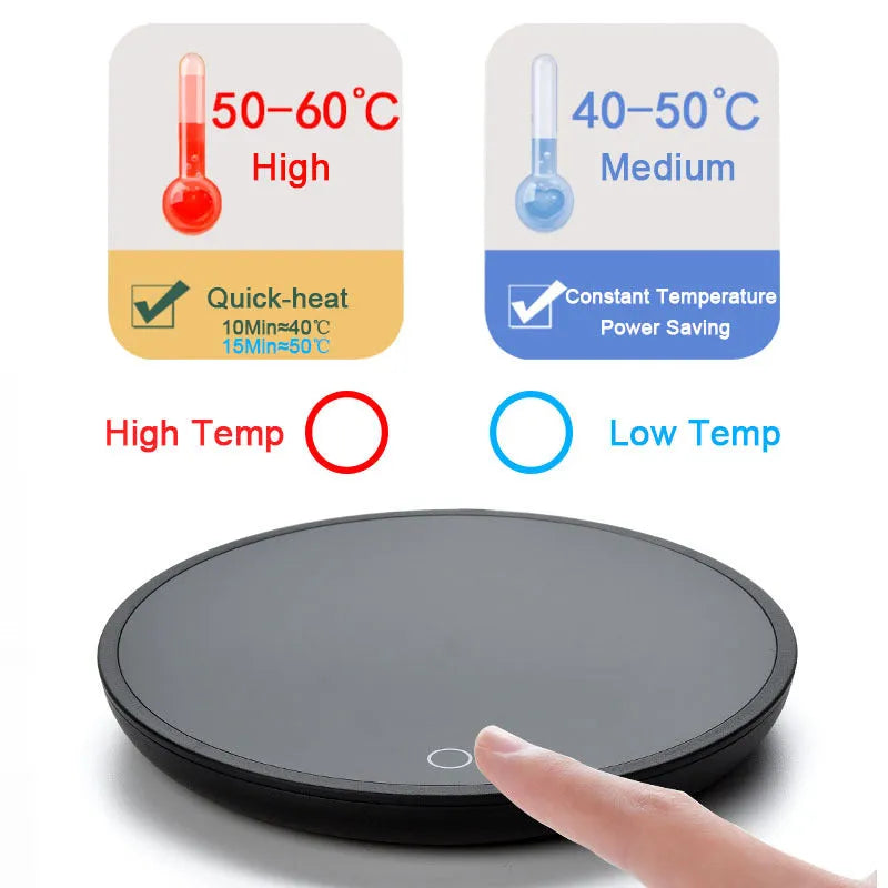 Black circular USB cup warmer pad with a tempered glass surface and dual temperature switch