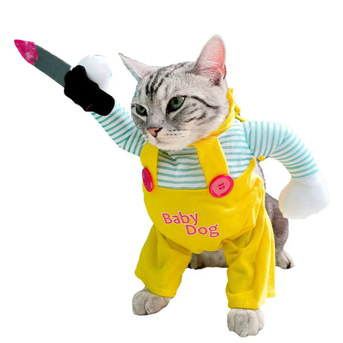 Yellow sword assassin themed cat costume in polyester fabric showing front design