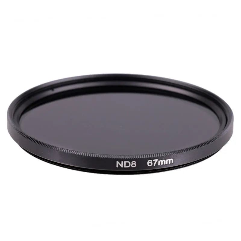 ND8 camera lens filter with aviation aluminium frame shown next to size options from 49mm to 82mm