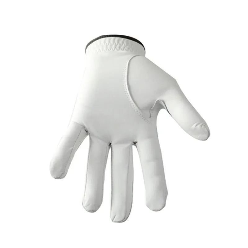 Men's white half sheepskin golf glove showing non-slip palm detail.