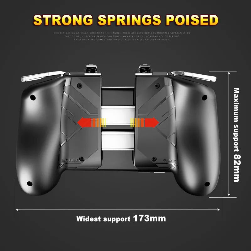 Multifunctional mobile game handle controller in black, blue, and white colours with adjustable grip