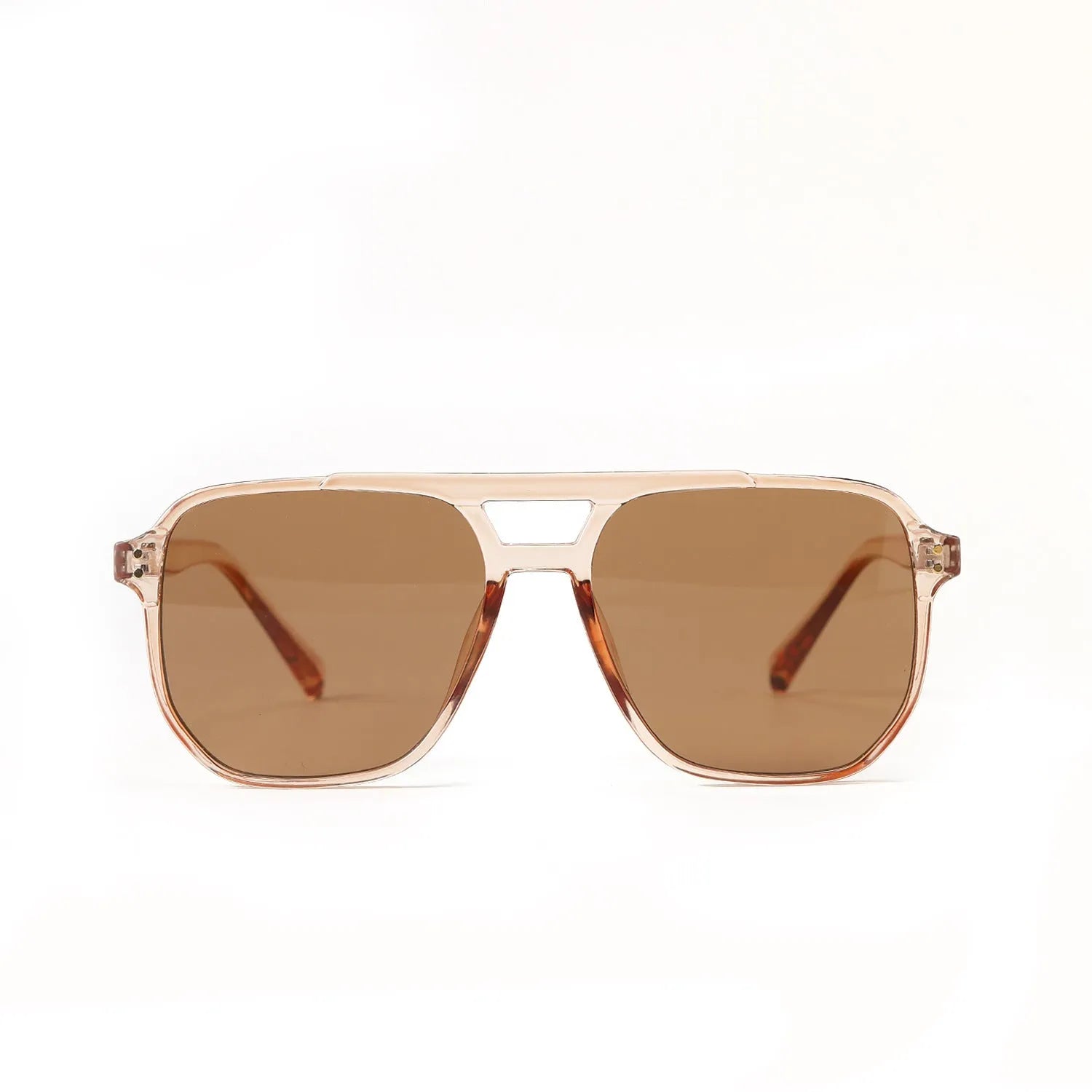 Square double beam full frame sunglasses for women in black frame with pink lenses.