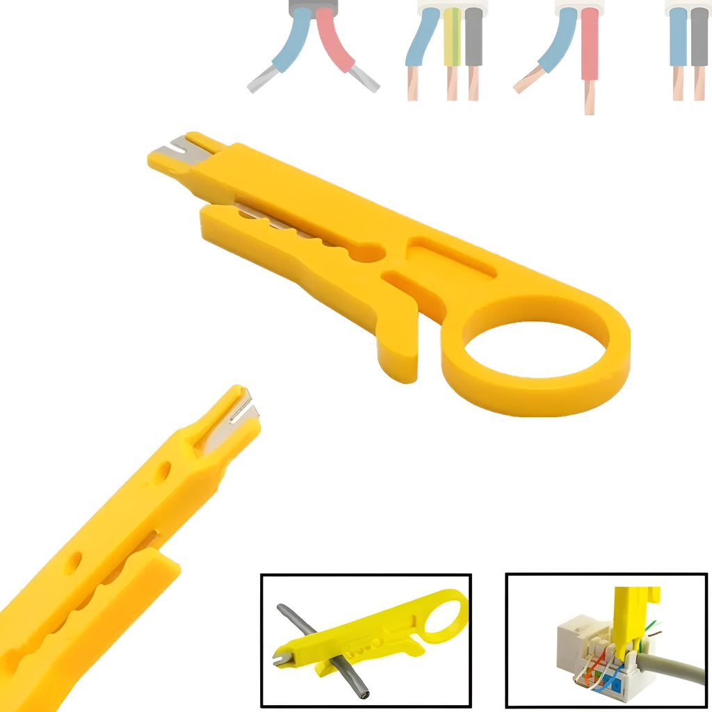 Yellow portable wire stripper tool with metal snap-in frame, showing 0.6 mm stripping diameter for network cables.