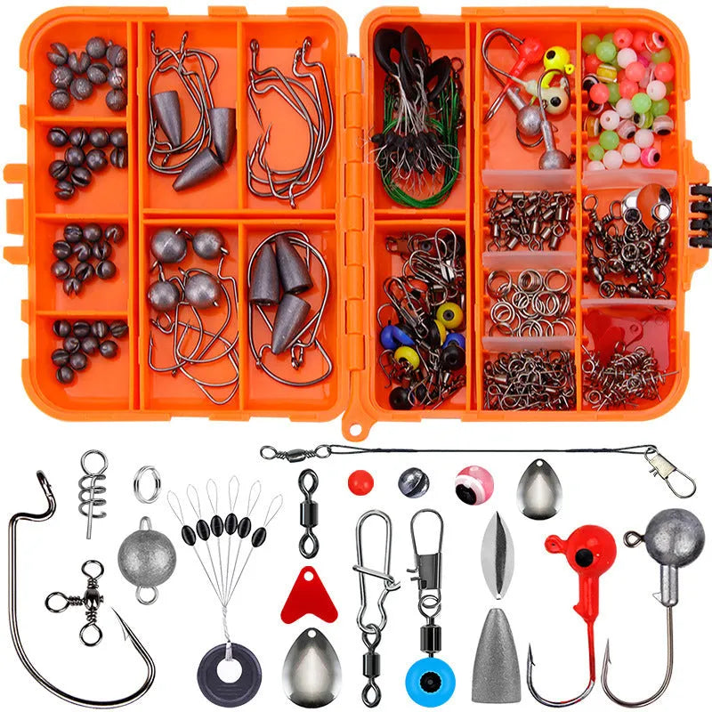 Weihe 257-piece fishing lure accessory set in orange box with organised compartments for Texas rig, sea and rock fishing