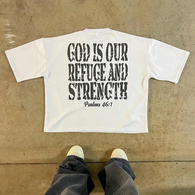 Short sleeve cotton t-shirt with retro street style print and drop-shoulder sleeves.