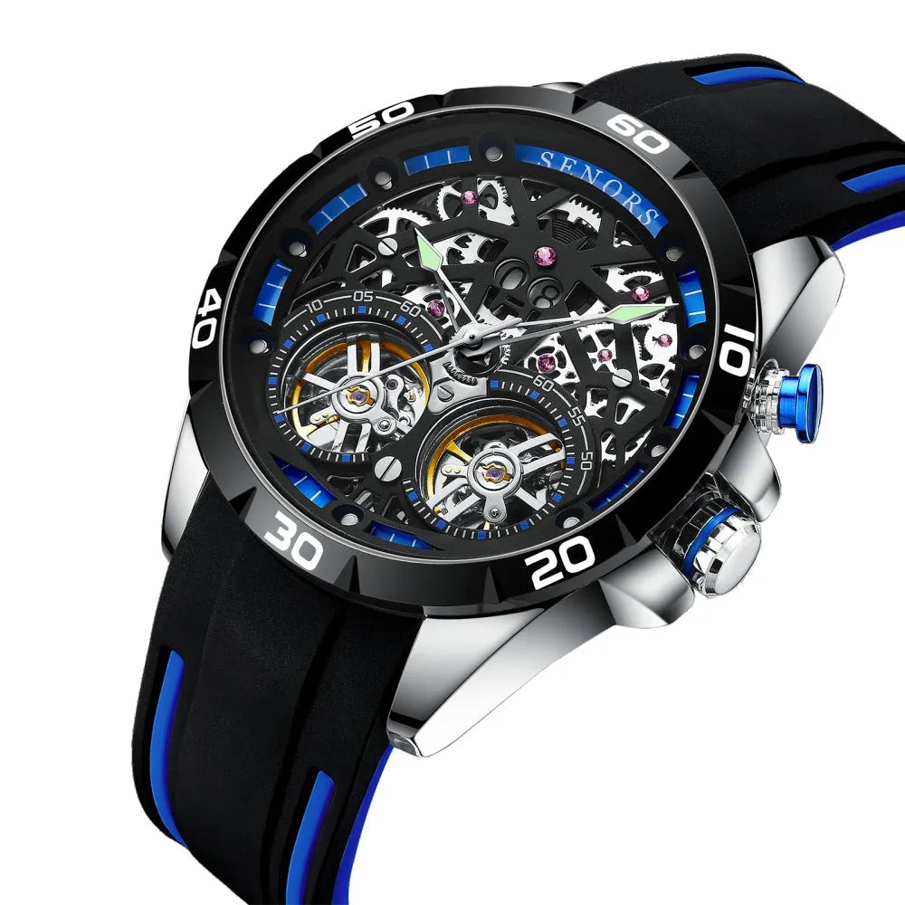 Men's automatic mechanical watch with luminous hollow dial in stainless steel case