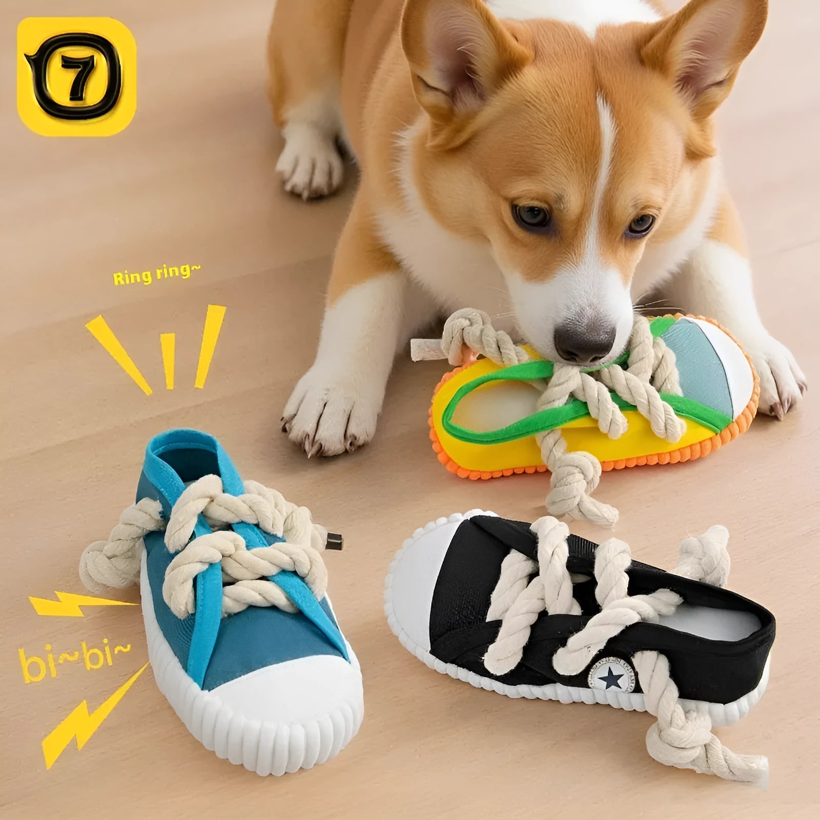 Plastic dog slippers chewing toy in yellow, black or sea fog blue colours with sound activation feature