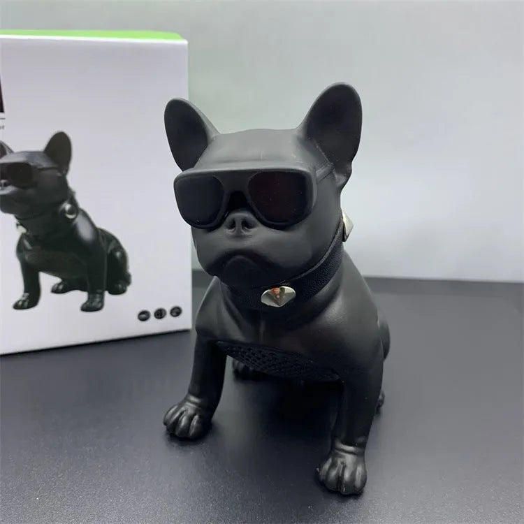 Mini bulldog-shaped Bluetooth speaker in black, red, or white colour with wireless audio functionality