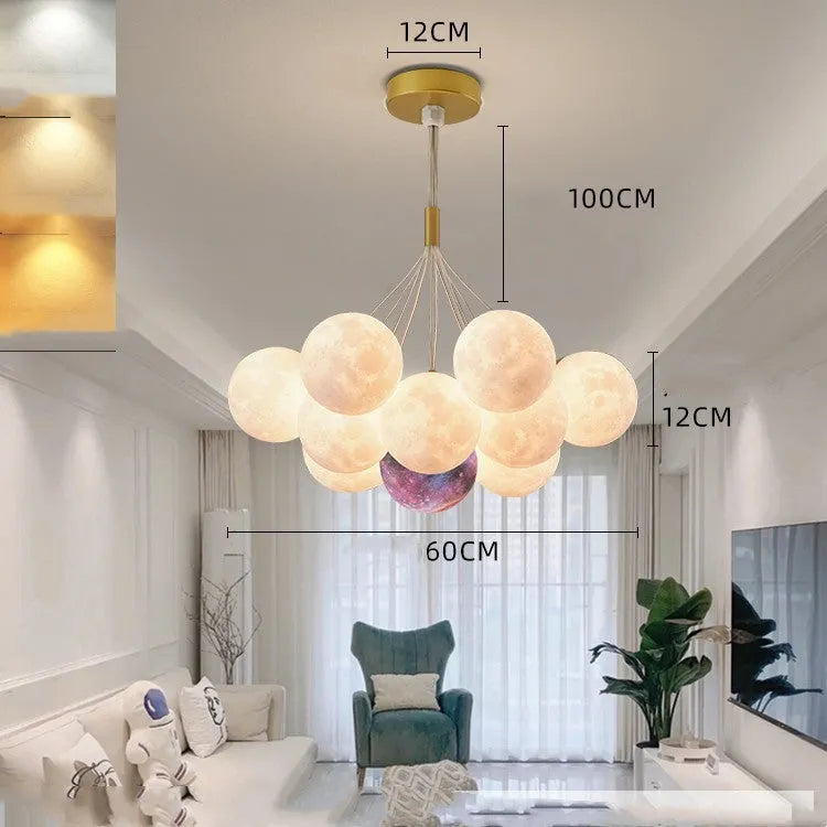 Nordic moon bubble LED chandelier with iron frame and PMMA lampshade in gold or black finish
