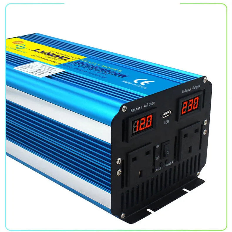 Blue 3000W car power inverter with digital displays showing conversion from 12V/24V to 220V with remote control