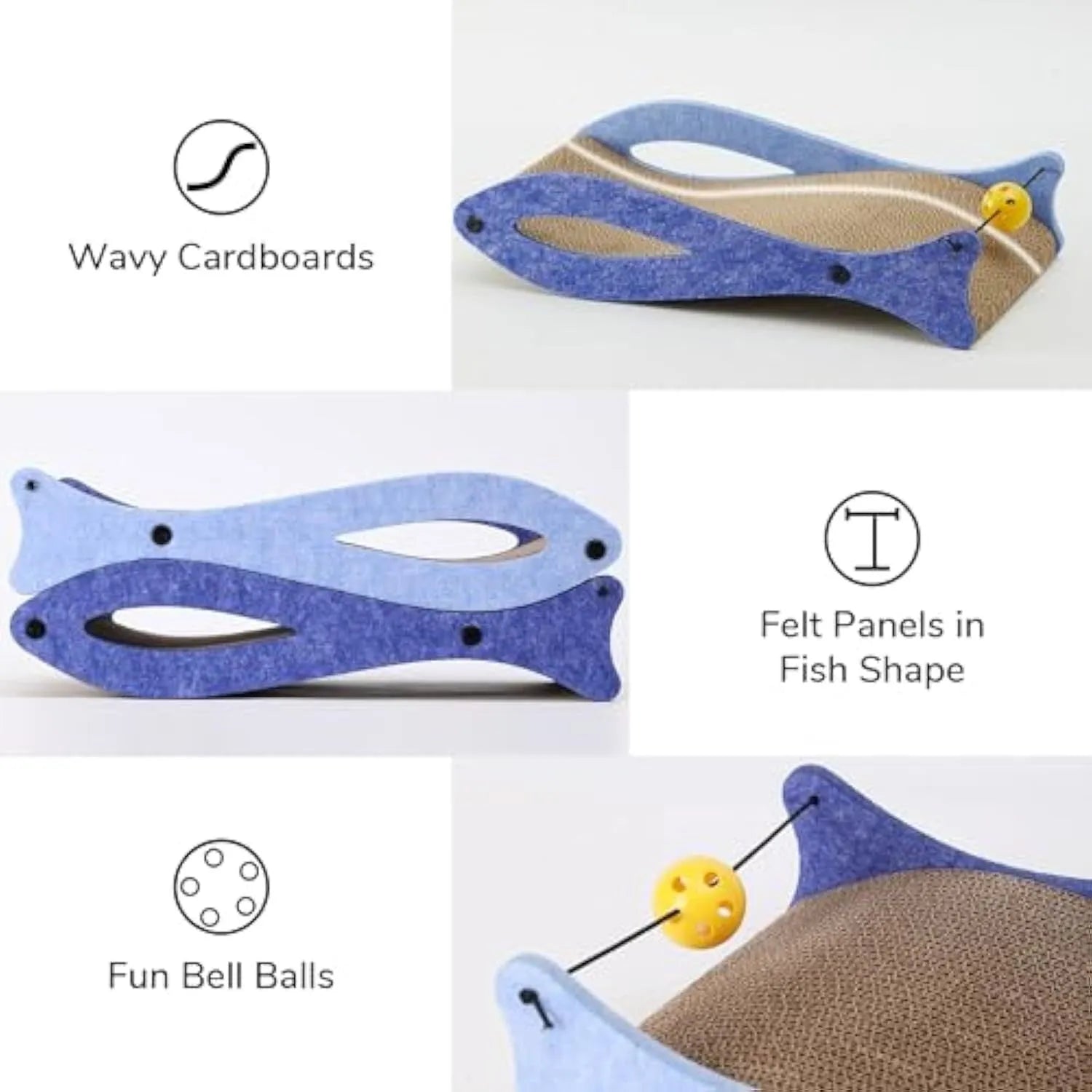 Blue fish-shaped cat scratcher with corrugated paper surface, bell toys, and wavy lounge area