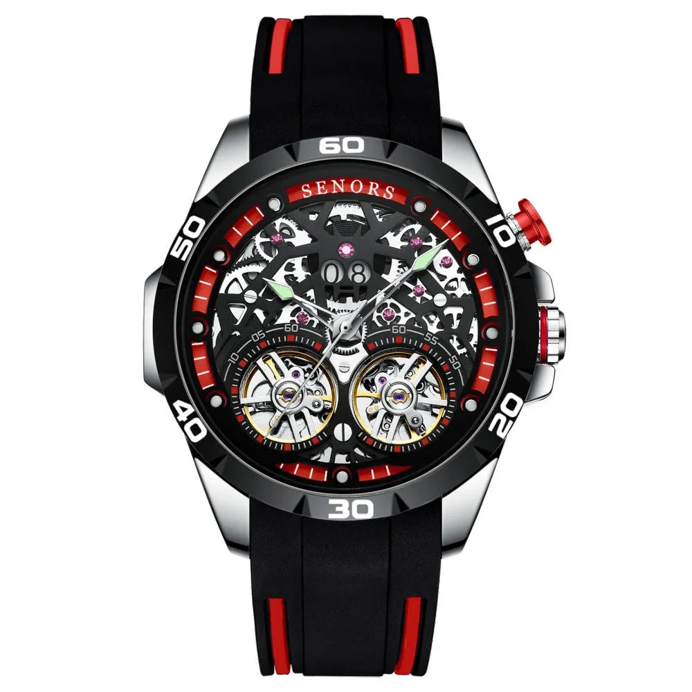 Men's automatic mechanical watch with luminous hollow dial in stainless steel case