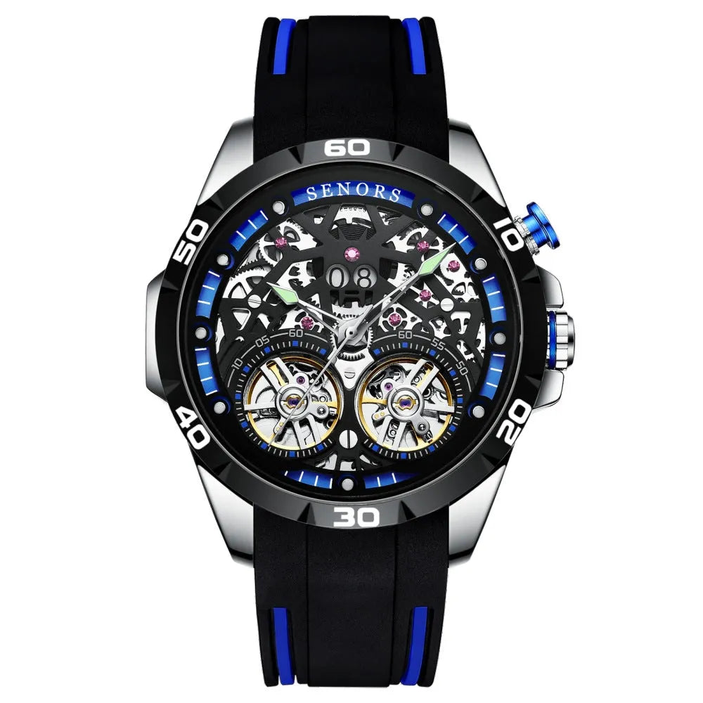 Men's automatic mechanical watch with luminous hollow dial in stainless steel case