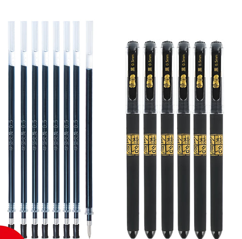 Set of 8 black gel pens with two tip styles: bullet tip and needle tip options