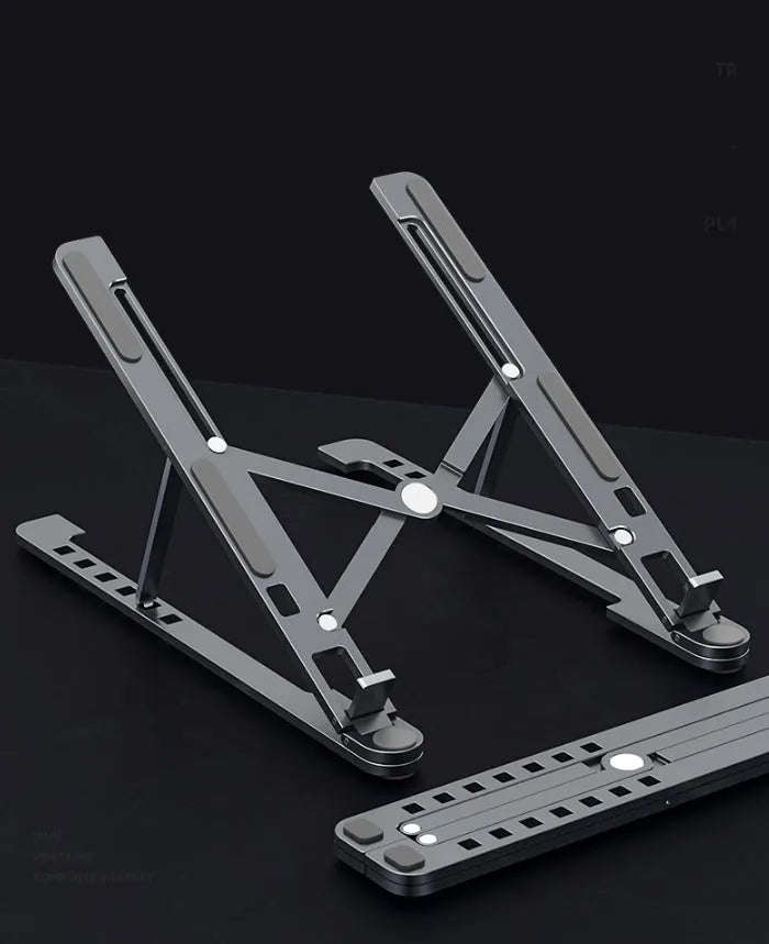 Aluminium alloy foldable laptop stand shown adjusted to different heights with laptop and tablet