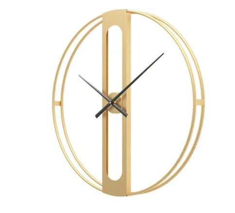 A large 50cm round metal wall clock on a wall, shown in black and gold colour variants.