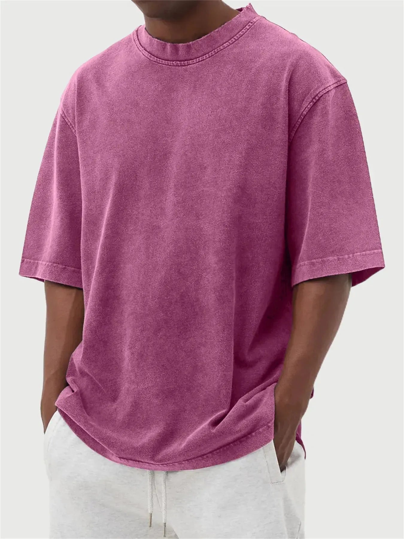 Men's stone washed distressed pullover t-shirt in loose fit with half sleeves available in eight colours