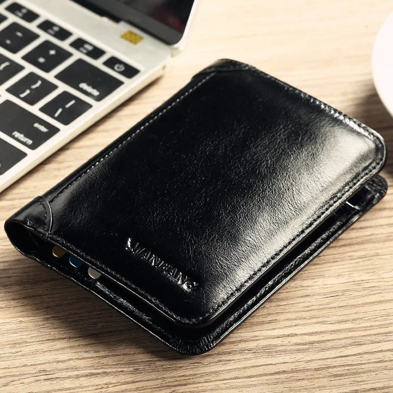 Men's leather wallet showing internal card slots, coin compartment, and document section