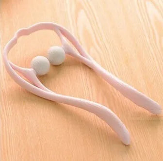 Plastic hand roller neck massager with adjustable stand and removable head in pink, blue, or green colours.