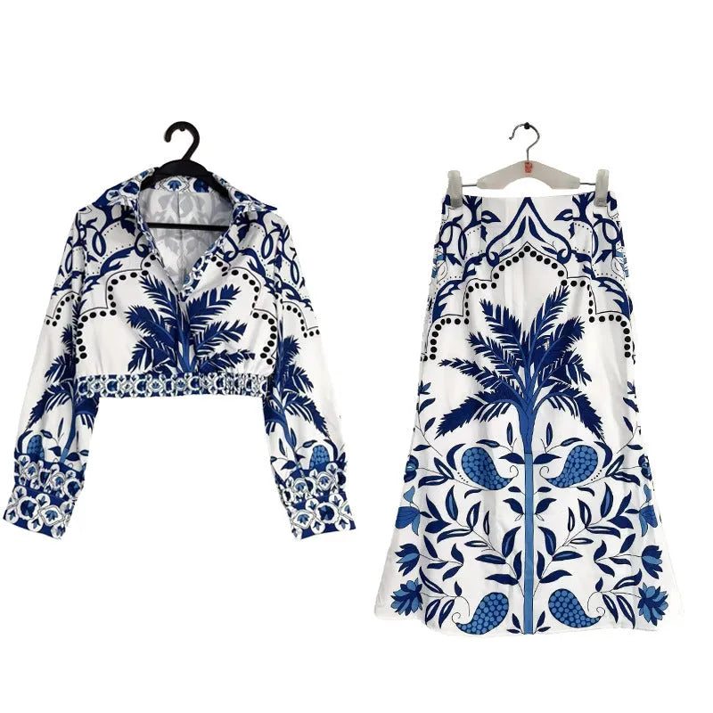 Women's early spring casual fashion set with flower print design showing long sleeve top and matching long skirt