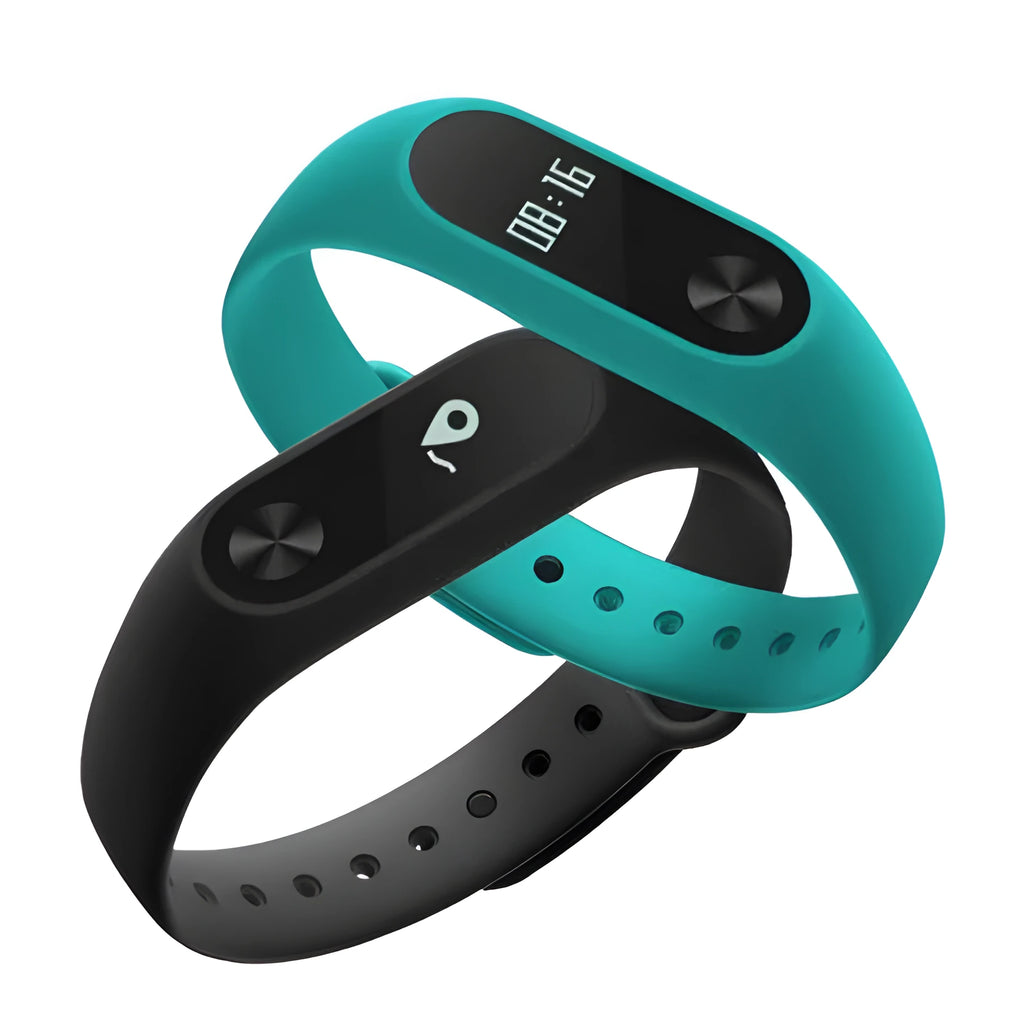 Black Xiaomi Mi Band 2 fitness tracker with OLED screen on a wrist.