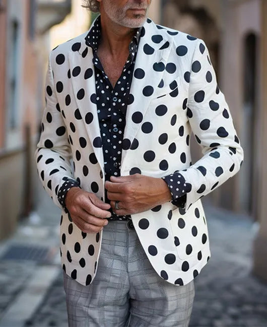 Men's slim fit British style suit jacket with two-button front and top stitching pockets