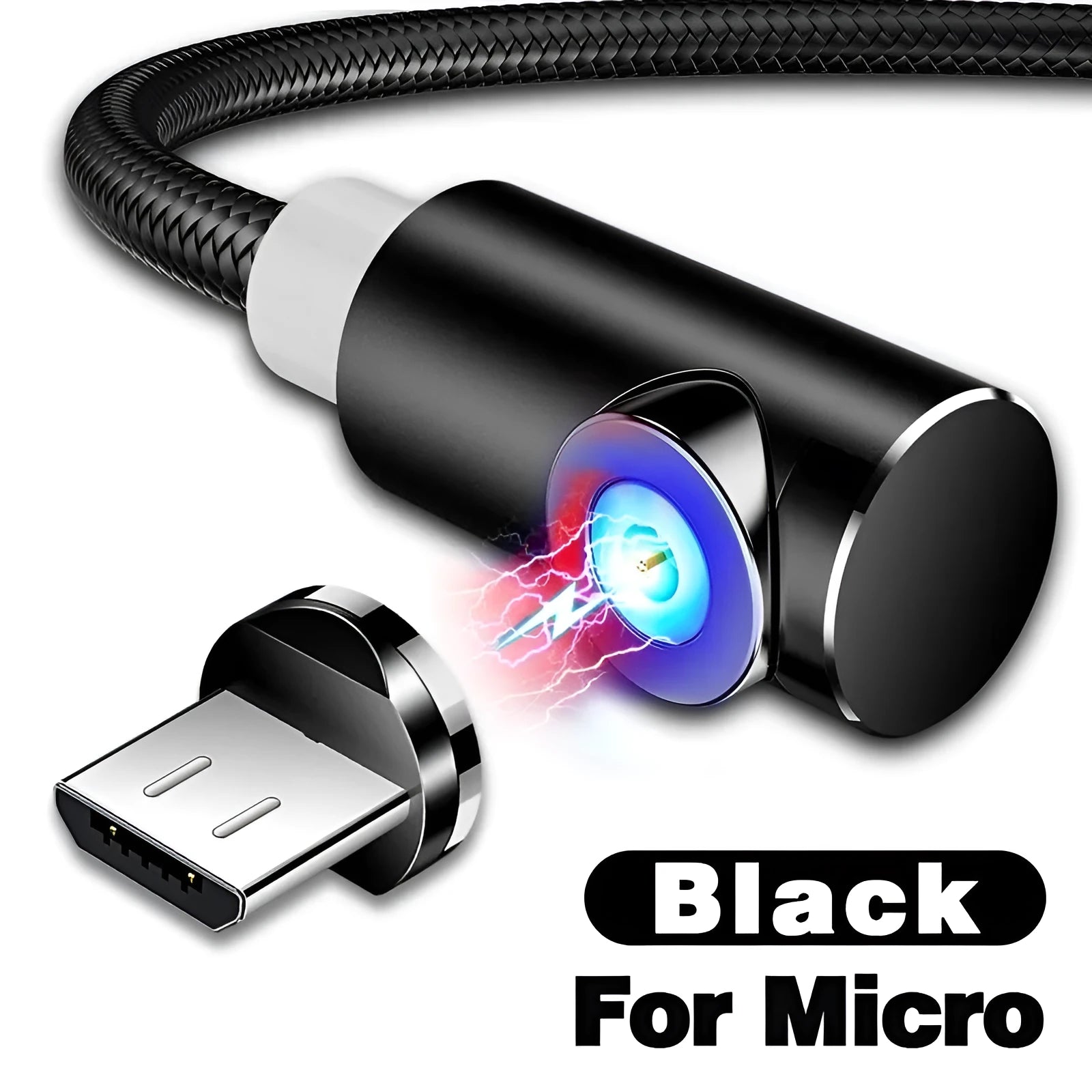 Black magnetic charging cable with aluminium alloy connectors and Micro USB, Type C, and Apple compatible magnetic tips.
