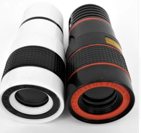 12X magnification phone telescope lens with mounting clip on a black smartphone